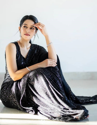 Black georgette heavy shiny sequence work party wear saree