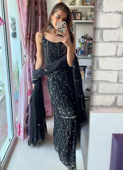 Black georgette heavy thread and sequence embroidered sharara suit