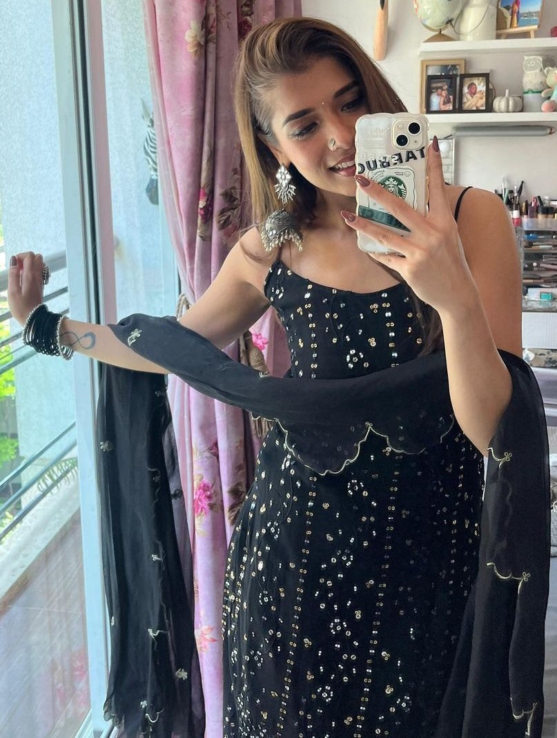 Black georgette heavy thread and sequence embroidered sharara suit