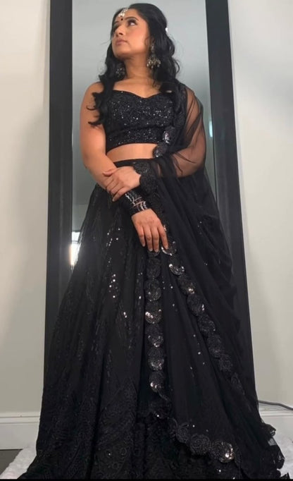 Black georgette heavy thread sequence embroidered lehenga choli for evening function