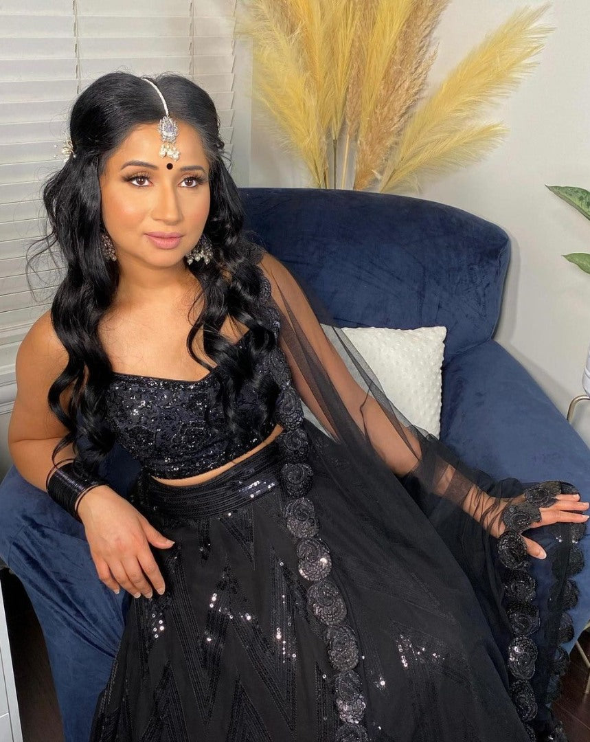 Black georgette heavy thread sequence embroidered lehenga choli for evening function