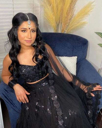 Black georgette heavy thread sequence embroidered lehenga choli for evening function