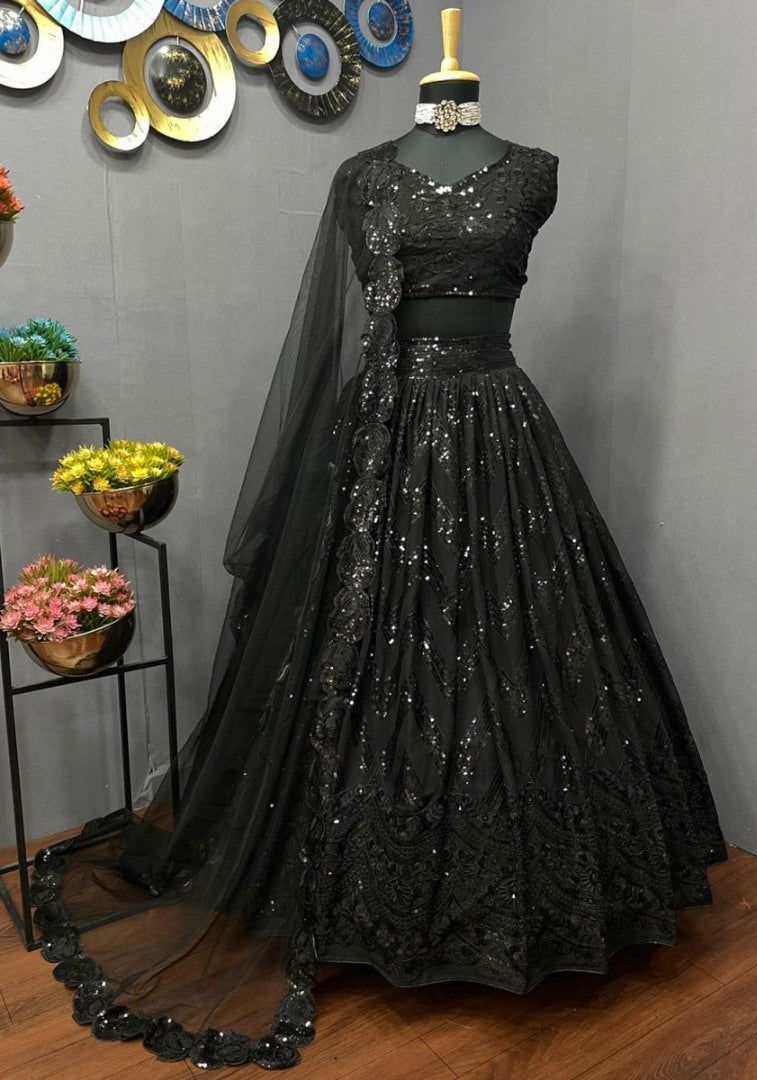 Black georgette heavy thread sequence embroidered lehenga choli for evening function