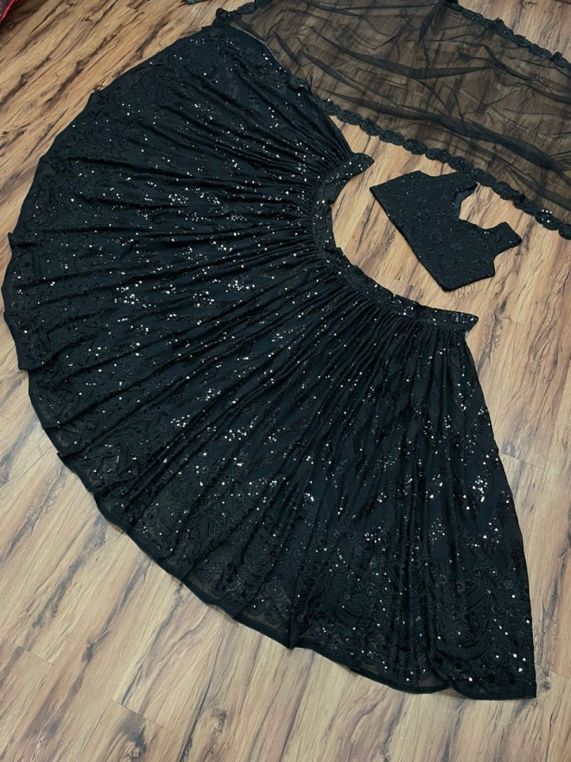 Black georgette heavy thread sequence embroidered lehenga choli for evening function
