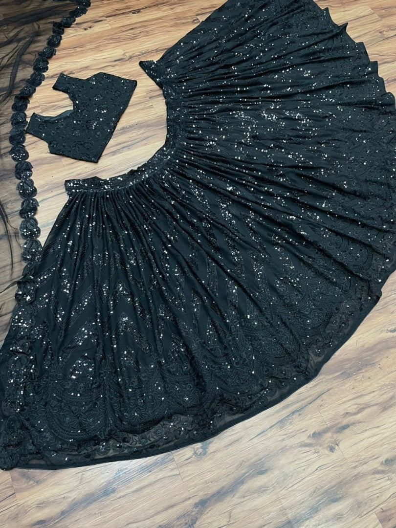 Black georgette heavy thread sequence embroidered lehenga choli for evening function