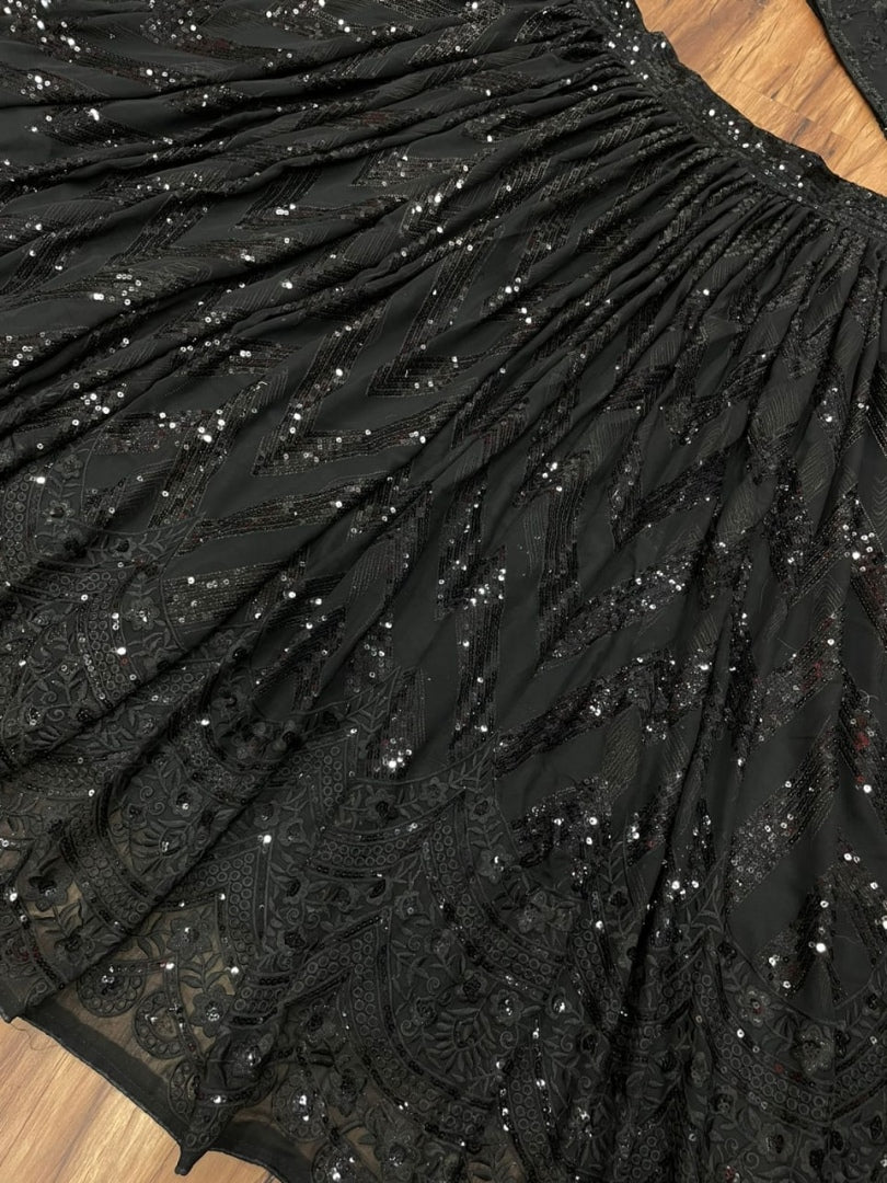Black georgette heavy thread sequence embroidered lehenga choli for evening function