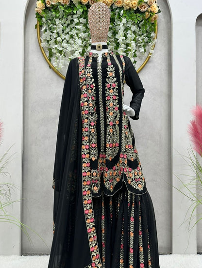 Black georgette heavy thread sequence work designer sharara suit