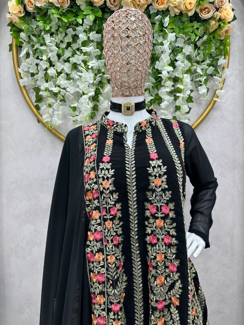 Black georgette heavy thread sequence work designer sharara suit
