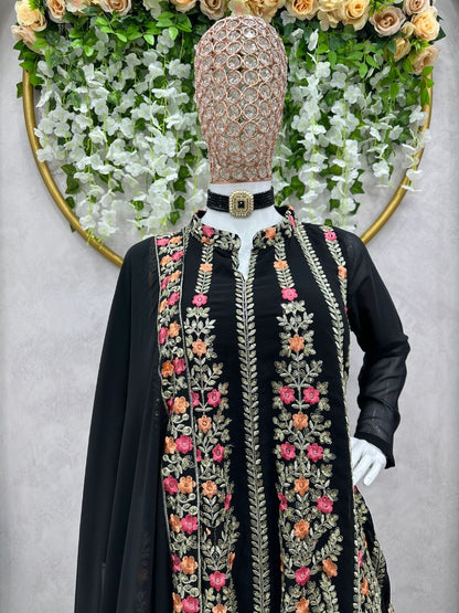 Black georgette heavy thread sequence work designer sharara suit