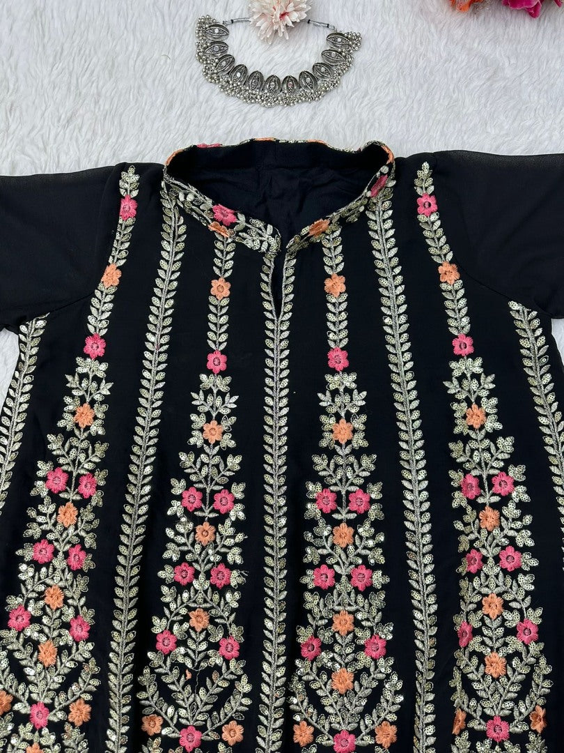 Black georgette heavy thread sequence work designer sharara suit