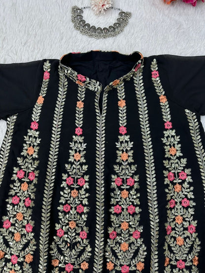 Black georgette heavy thread sequence work designer sharara suit