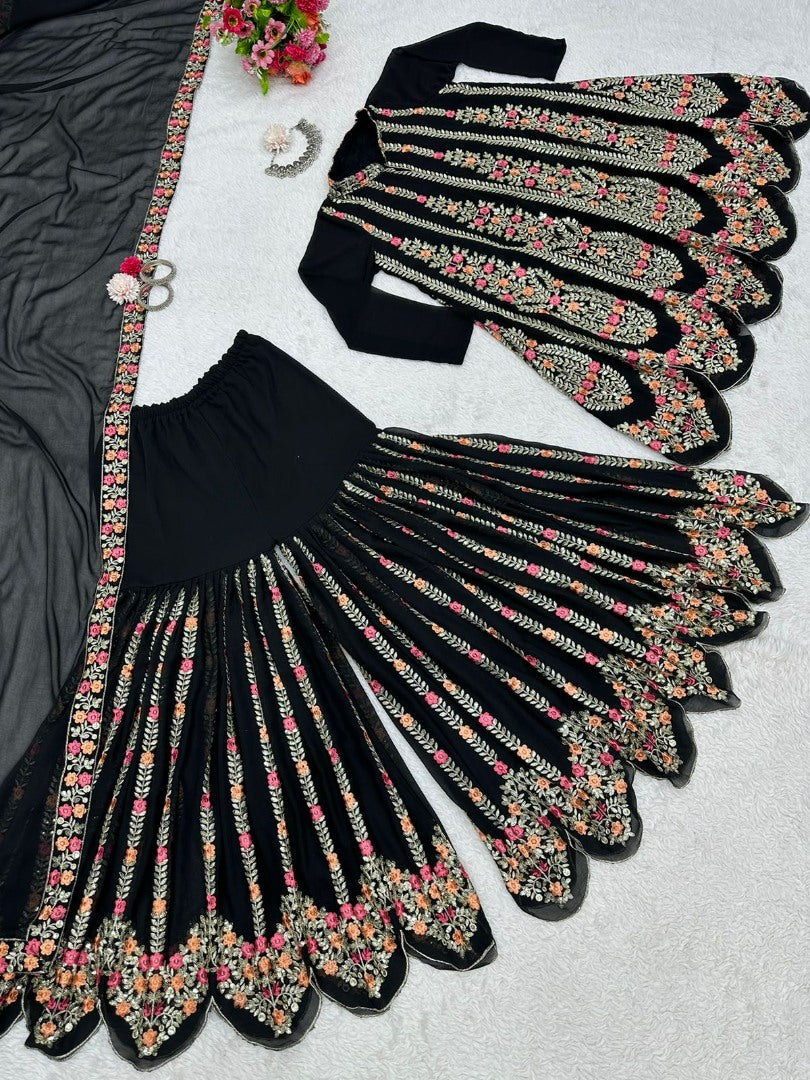 Black georgette heavy thread sequence work designer sharara suit