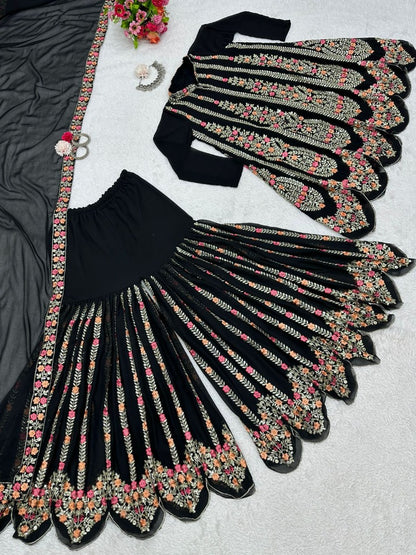 Black georgette heavy thread sequence work designer sharara suit