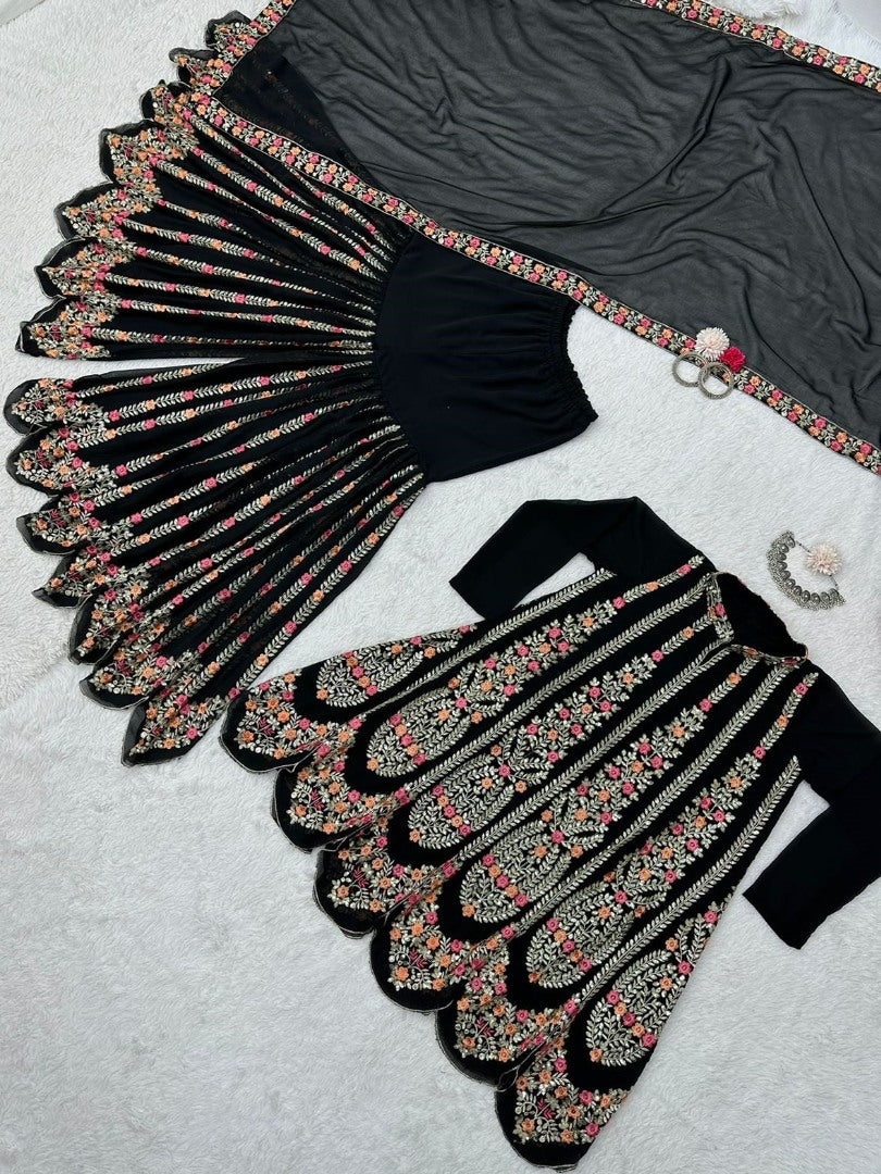 Black georgette heavy thread sequence work designer sharara suit