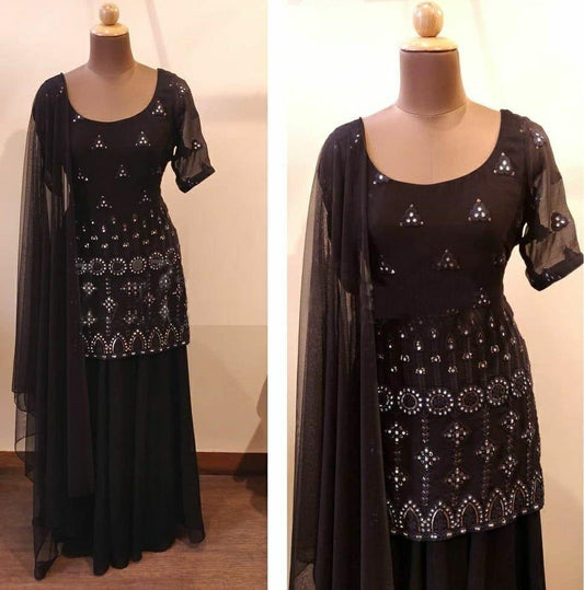 Black georgette mirror work sharara suit