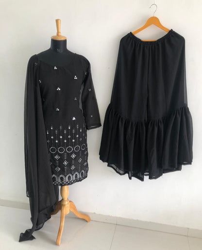 Black georgette mirror work sharara suit