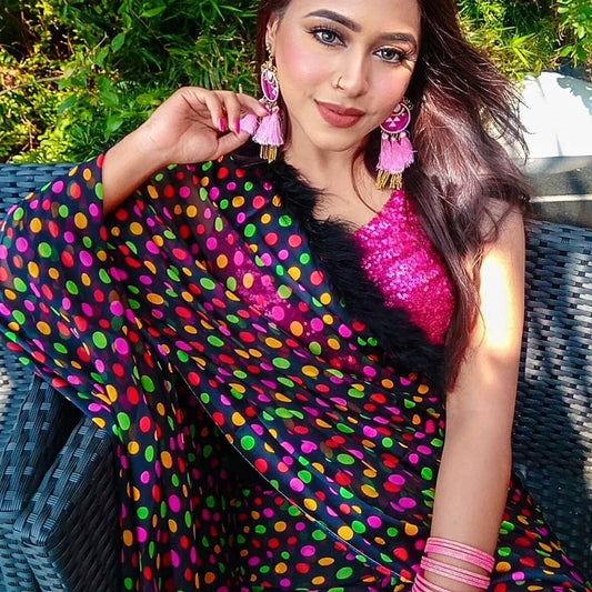 Black georgette multi color dot printed saree