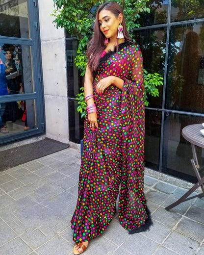 Black georgette multi color dot printed saree