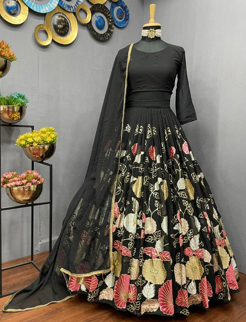 Black georgette multi heavy thread work wedding lehenga choli