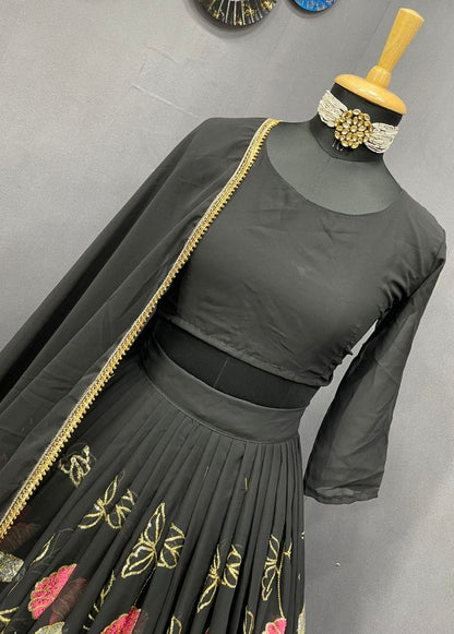 Black georgette multi heavy thread work wedding lehenga choli