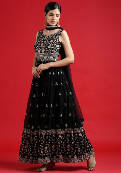 Black georgette multi thread work ehtnic jumpsuit