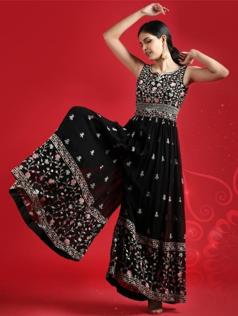 Black georgette multi thread work ehtnic jumpsuit