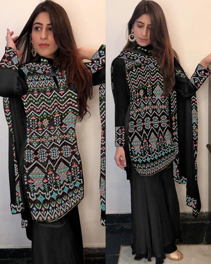 Black georgette multi threadwork plazzo suit