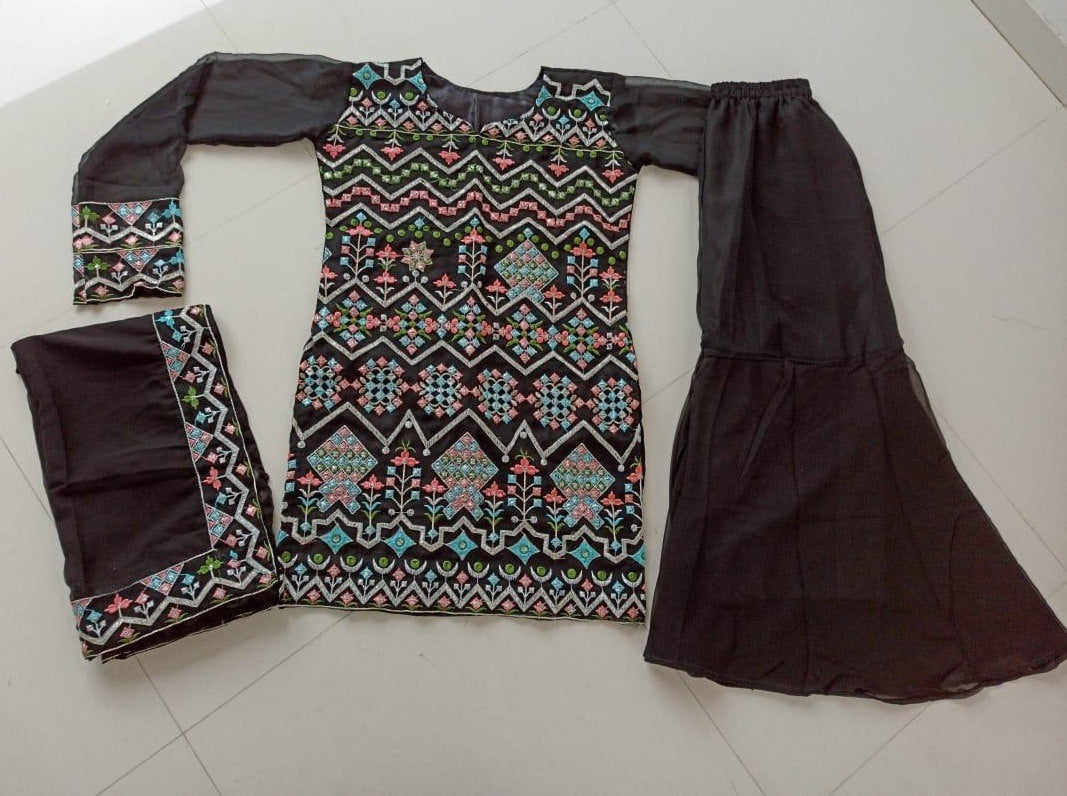Black georgette multi threadwork plazzo suit