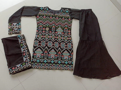 Black georgette multi threadwork plazzo suit