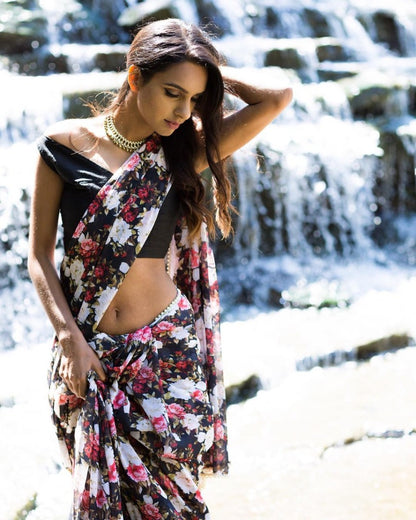 Black georgette multicolor floral printed moti lace saree