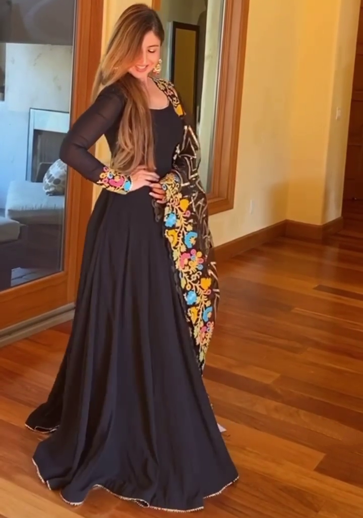 Black georgette partywear anarkali suit with heavy embroidered dupatta