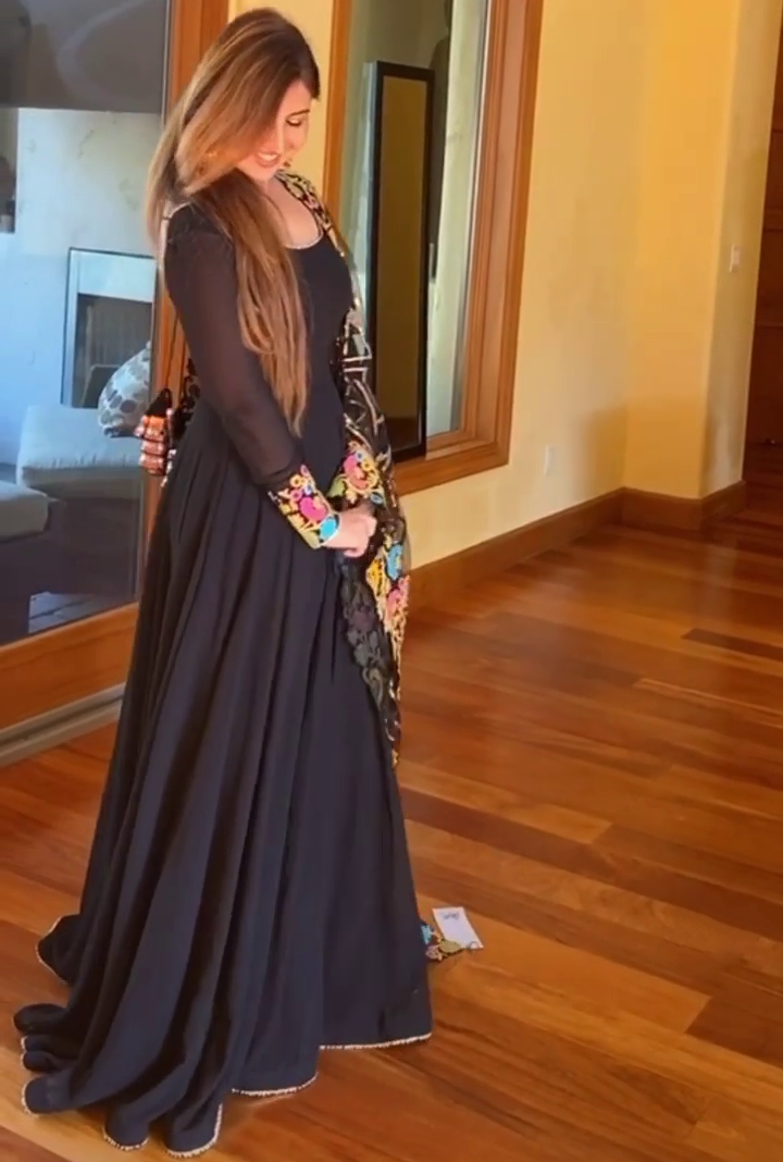 Black georgette partywear anarkali suit with heavy embroidered dupatta