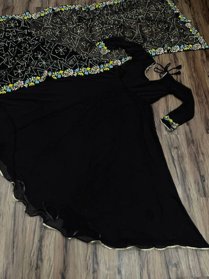 Black georgette partywear anarkali suit with heavy embroidered dupatta