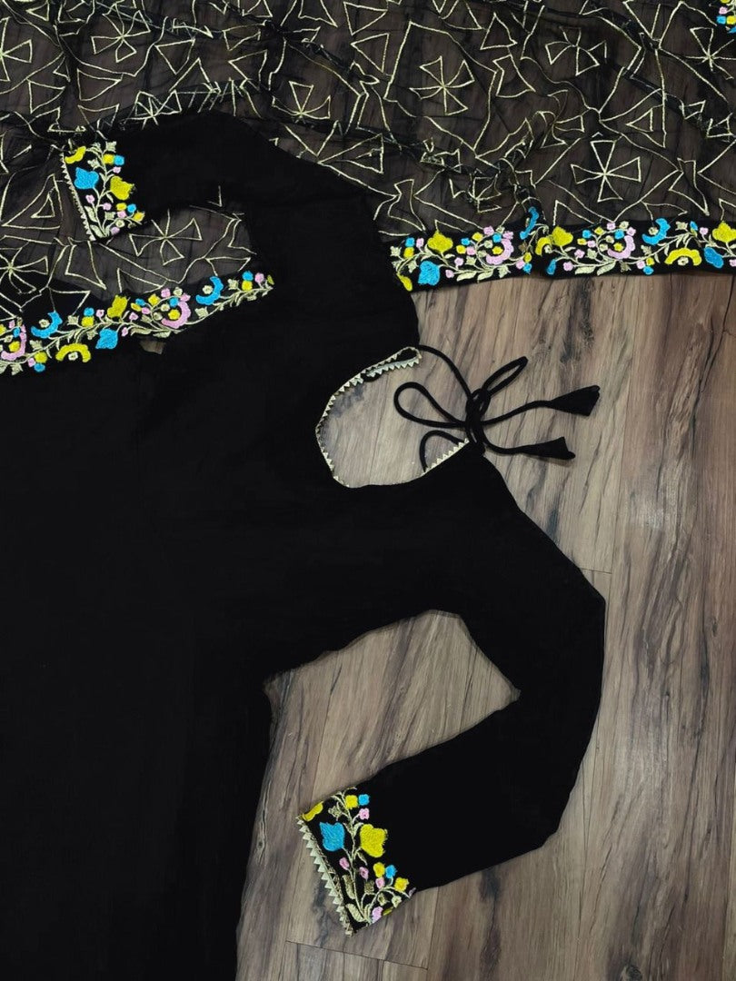 Black georgette partywear anarkali suit with heavy embroidered dupatta