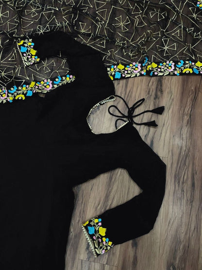 Black georgette partywear anarkali suit with heavy embroidered dupatta