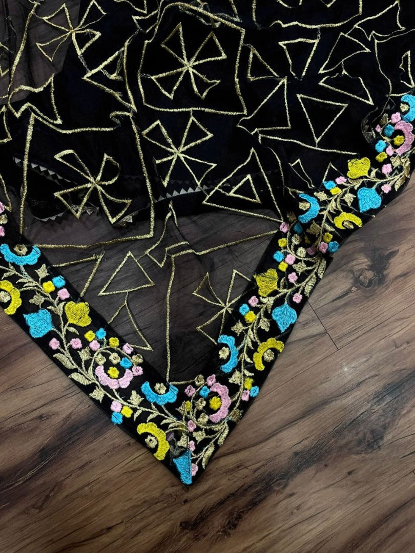 Black georgette partywear anarkali suit with heavy embroidered dupatta