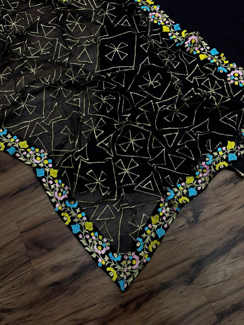 Black georgette partywear anarkali suit with heavy embroidered dupatta