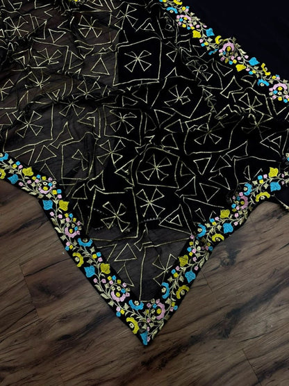 Black georgette partywear anarkali suit with heavy embroidered dupatta