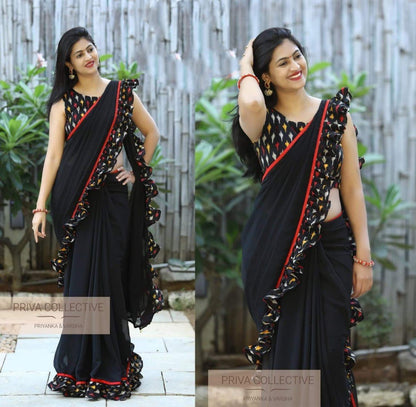 black georgette partywear saree with printed ruffle border