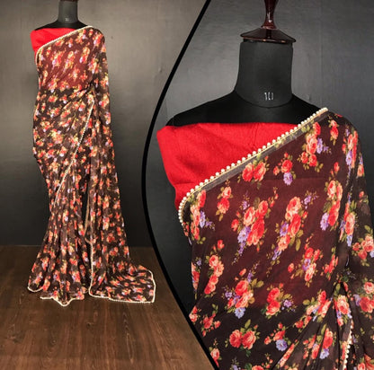 Black georgette pearl lace border floral printed work saree