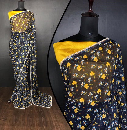 Black georgette pearl lace border floral printed work saree