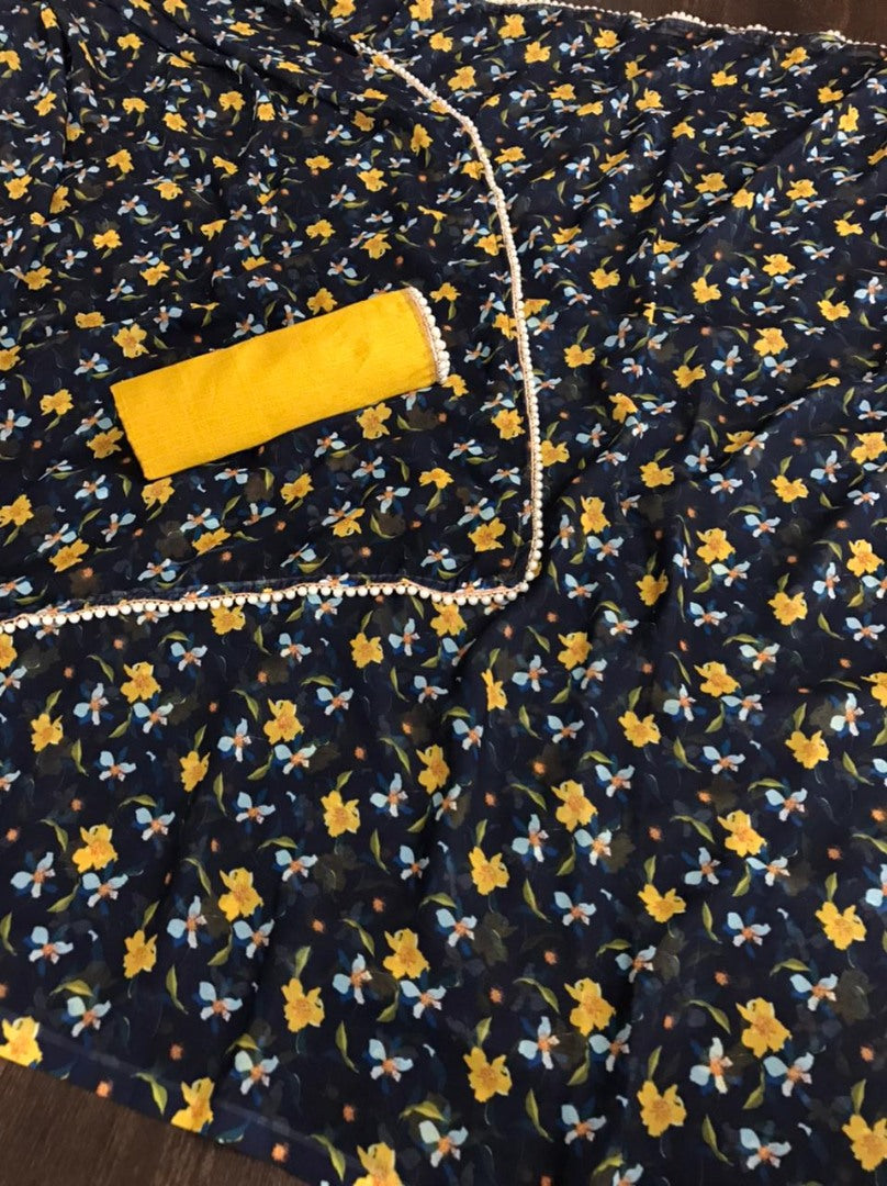 Black georgette pearl lace border floral printed work saree