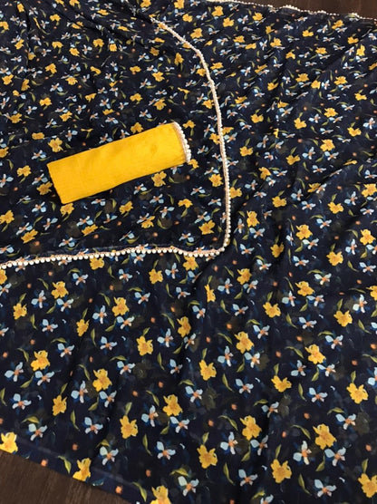 Black georgette pearl lace border floral printed work saree