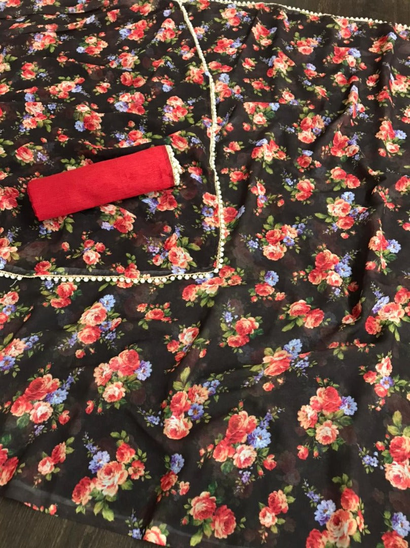 Black georgette pearl lace border floral printed work saree