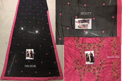 Black georgette pink border embroidered partywear saree
