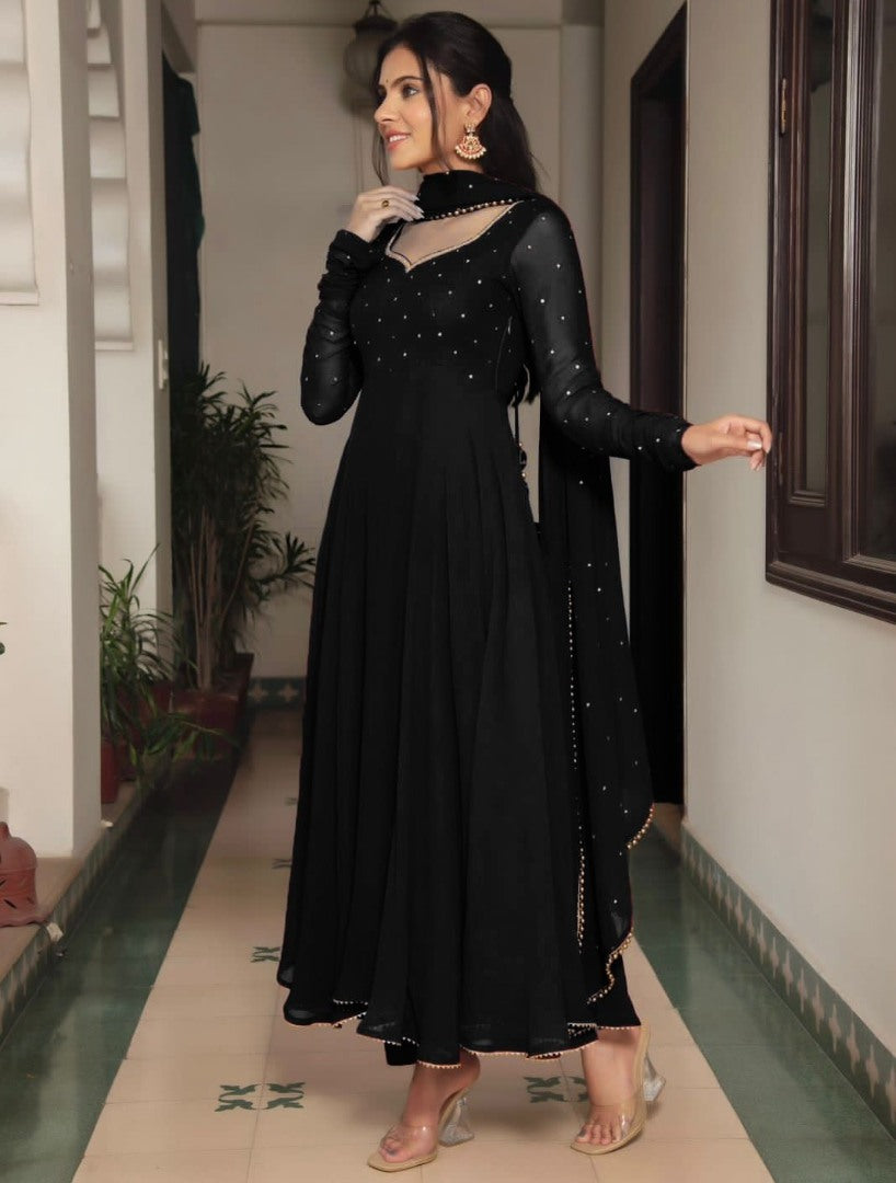 Black georgette plain heavy flair party wear gown