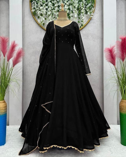 Black georgette plain heavy flair party wear gown