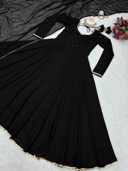 Black georgette plain heavy flair party wear gown