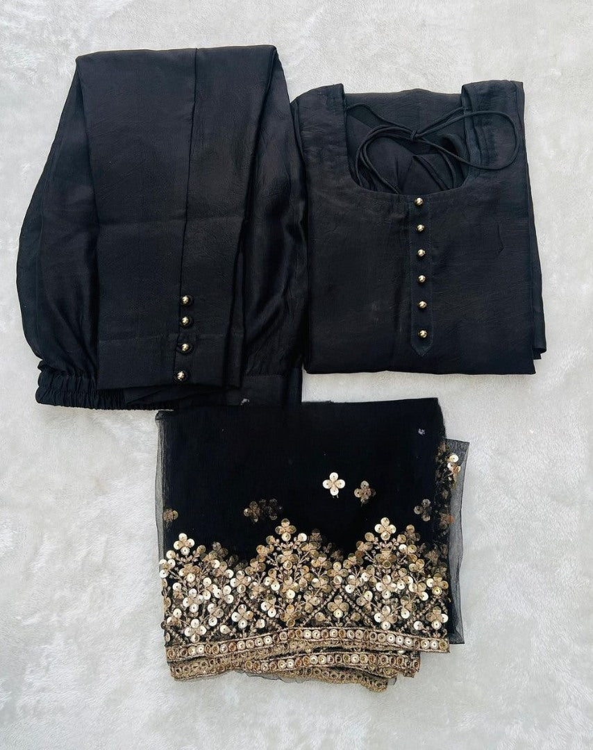 Black georgette plain heavy umbrella flair gown