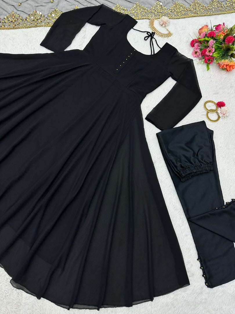 Black georgette plain heavy umbrella flair gown